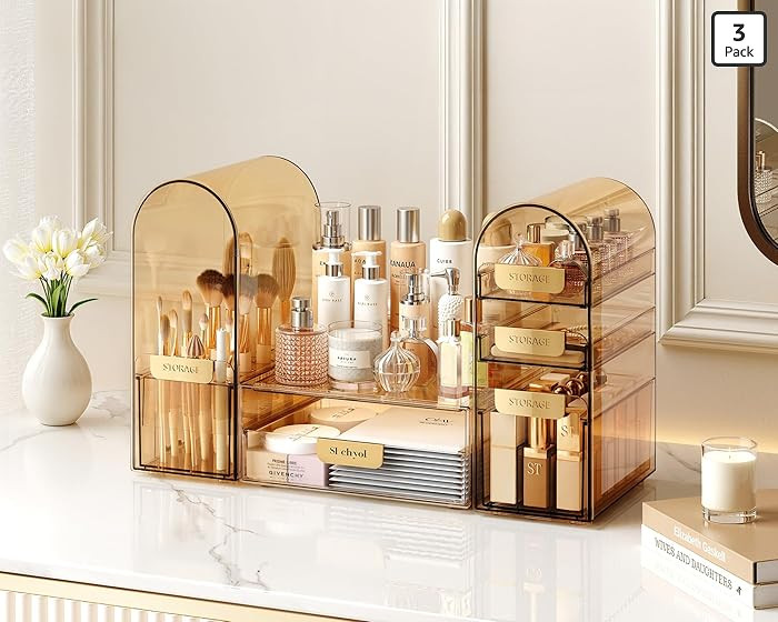 Makeup Organizer, Dual Arch Stackable 3-Piece Vanity Storage with Drawers & Brush Holder, Amber A... | Amazon (US)