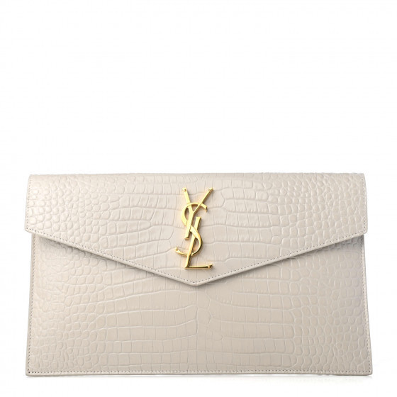 SAINT LAURENT Calfskin Crocodile Embossed Uptown Monogram Clutch Porcellana | Fashionphile