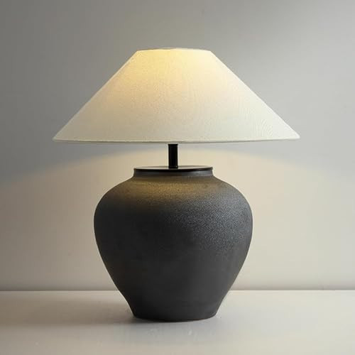 CYMYT Black Vintage Distressed Ceramic Pot Table Lamp, with Fabric Shade Rustic, Farmhouse Table Lamps, for Living Room Decorative Bedside Nightstand Lamp, for Living Room Hotels Office. | Amazon (US)