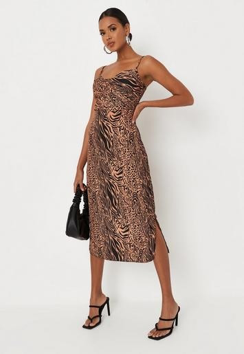 Brown Animal Print Cami Cowl Midi Dress | Missguided (US & CA)