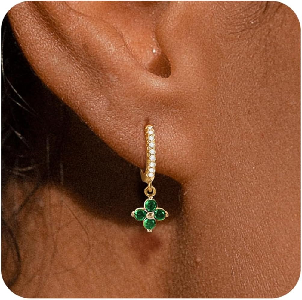 Birthstone Dangle Earrings for Women 14K Gold Plated Huggie Earrings 925 Sterling Silver Post Tre... | Amazon (US)