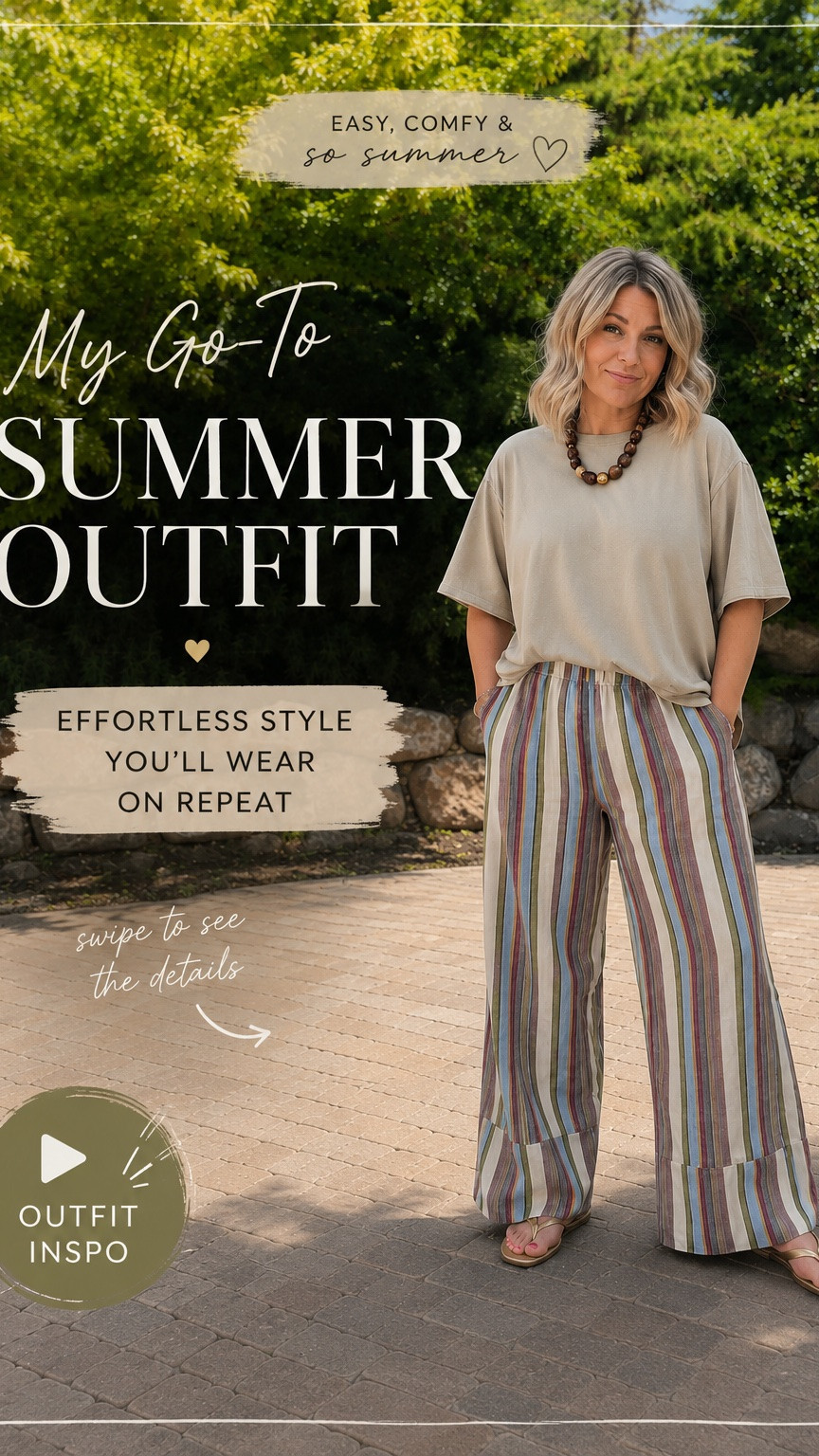 This might be my go-to summer outfit of the season. The relaxed tee, breezy striped pants, and gold sandals create the perfect look for everything from morning errands to patio dinners.
#MidsizeStyle #Over50Fashion #SummerOutfitIdeas #CasualChicStyle #WalmartFashionFinds #EffortlessStyle
-
midsize summer outfit, over 50 fashion, linen blend pants, striped wide-leg pants, neutral summer outfit, effortless style, casual chic outfit, comfortable summer fashion, Walmart fashion finds, affordable midsize fashion, vacation outfit inspiration, relaxed summer look, everyday outfit ideas, resort wear style, summer wardrobe essentials, women over 50 style, beige oversized tee, gold sandals outfit, boho summer accessories, easy summer dressing

#LTKOver40 #LTKMidsize #LTKdayinmylife