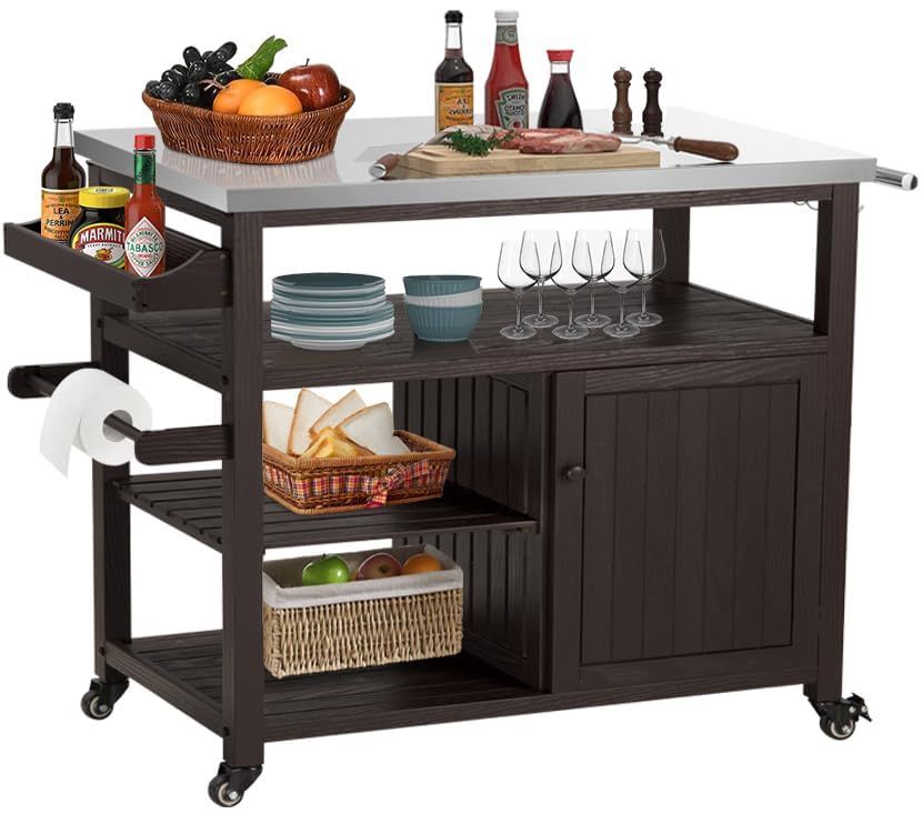 Outdoor Grill Table Solid Wood Storage Cabinet, Rolling Kitchen Island, Movable Bar Cart with Sta... | Amazon (US)