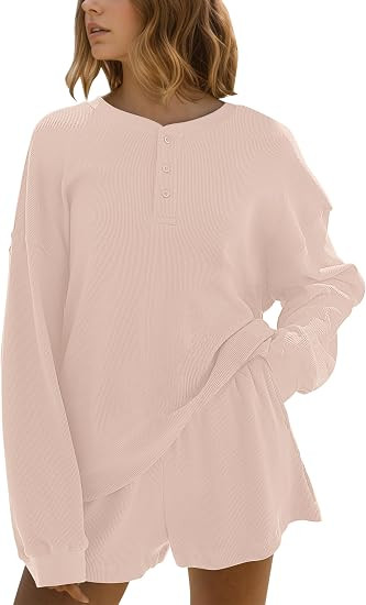 MISSACTIVER Waffle Knit Lounge Sets for Women Long Sleeve Oversized Sweatshirt Elastic Waist Shor... | Amazon (US)