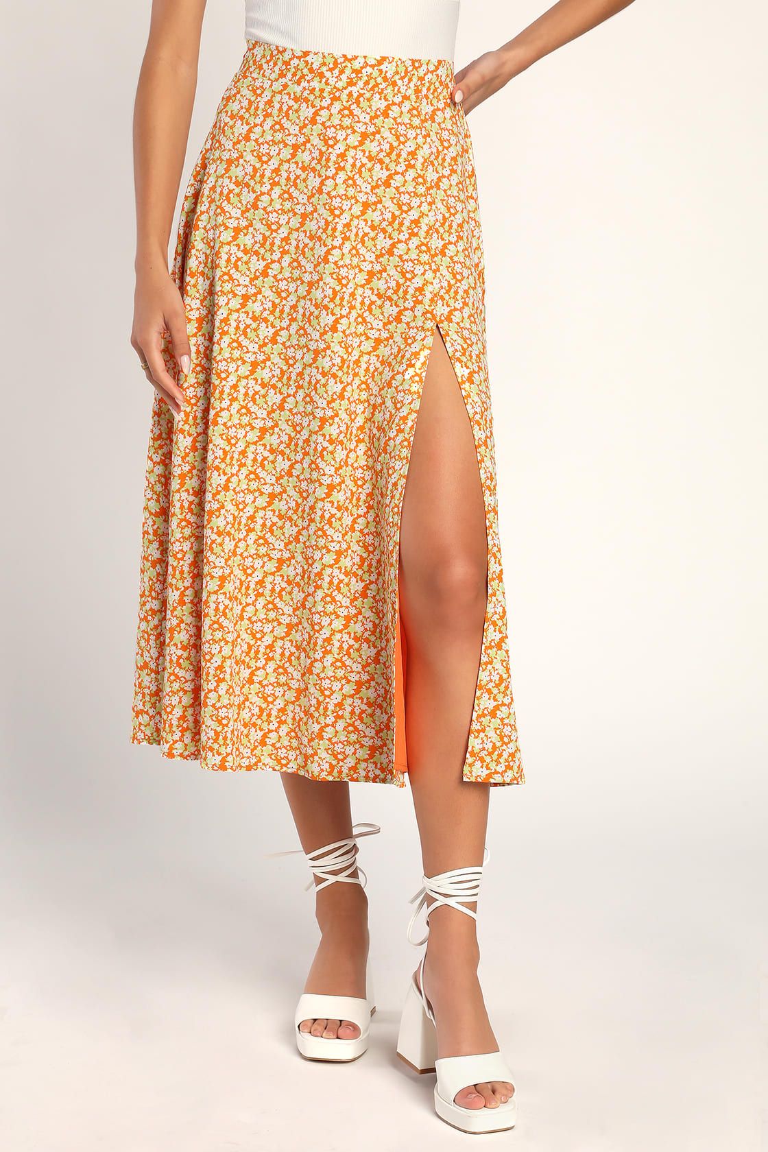 Botanical Brightness Orange Floral Print Slit Midi Skirt | Lulus (US)