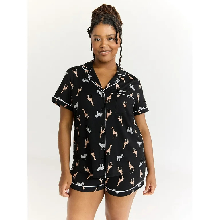 Joyspun Women's Knit Notch Collar Top and Shorts Pajama Set, 2-Piece, Sizes S to 3X | Walmart (US)