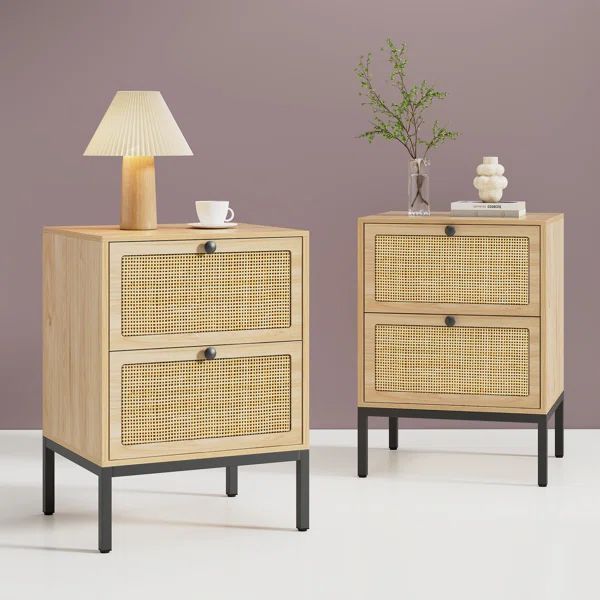 Boho Natural Rattan 2-Drawer Nightstand (Set of 2) (Set of 2) | Wayfair North America