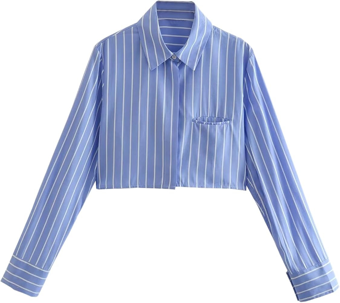 Gihuo Womens Button Down Cropped Shirts Striped Long Sleeve Y2k Crop Tops Lapel Blouse Shirt Crop... | Amazon (US)