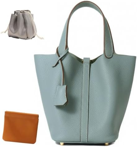 Genuine Leather Bucket Bag, Top-Handle Satchel Handbag with Lock | Premium Cowhide Leather, Light... | Amazon (US)