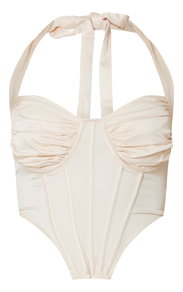 Cream Satin Ruched Bust Halter Corset | PrettyLittleThing US