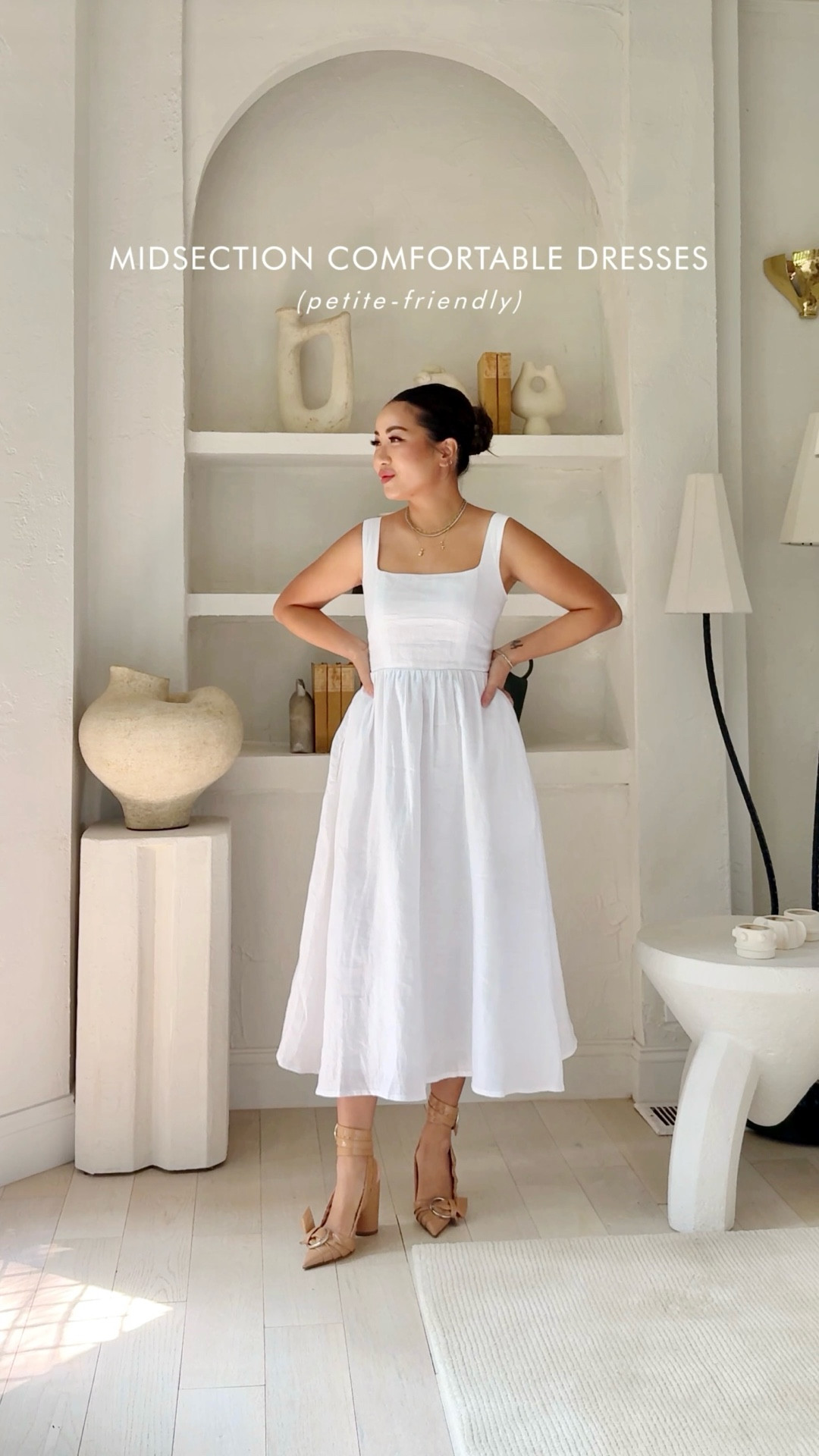 Midsection and petite-friendly dresses. 

Dress 1: Beautiful material, light and breathable. Adjustable straps. Midsection friendly and has a graceful way at covering underarm bulges. I’m wearing a size XS. Perfect fit. 

Dress 2: Romantic details, light and breathable material. Midsection friendly. I’m wearing a size 0. Perfect fit. 

Dress 3: Cooling material, light compression on top part, very smoothing and very comfortable at the waist. I’m wearing an XS. Perfect fit.

For size reference, I’m 5 ft 110 pounds, postpartum tummy. 

#LTKSaleAlert #LTKPetite #LTKFindsUnder100