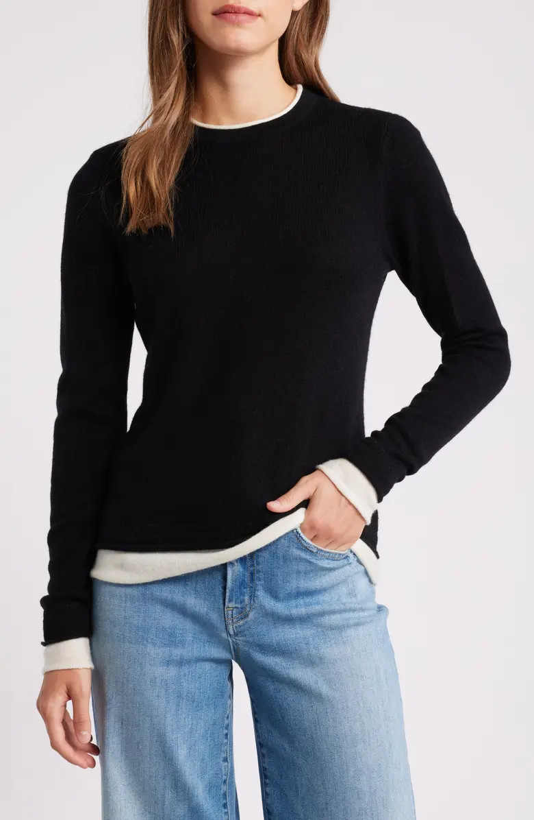 Contrast Trim Wool & Cashmere Crewneck Sweater | Nordstrom
