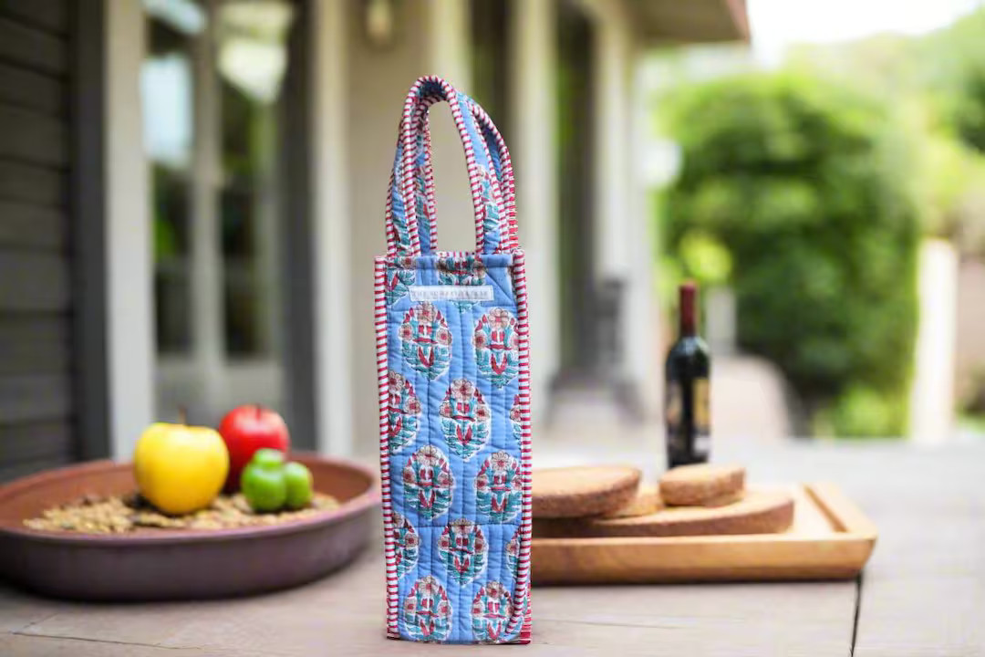 Quilted Block Print Wine Tote Bag – Sky Garden- Reusable, Handmade Hostess Gift- Holiday Gift B... | Etsy (US)