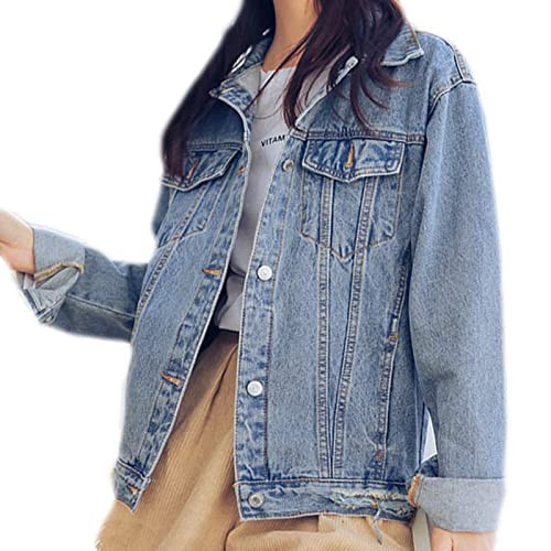 Saukiee Oversized Denim Jacket Distressed Boyfriend Jean Coat Jeans Trucker Jacket for Women Girls Lightblue L | Amazon (US)