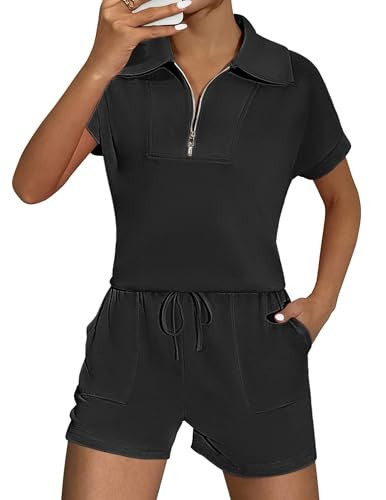 Ekouaer Lounge Wear for Women 2 Piece Outfits Casual Summer Short Sleeve Shirt and Shorts Set Lounge Set with Pockets Black XXL | Amazon (US)