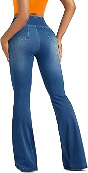 Knit Stretchy Jean Leggings for Women with Crossover High Waisted Bell Bottom Yoga Pants Flare Le... | Amazon (US)