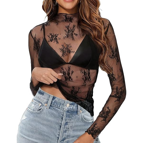 Womens Lace Long Sleeve Mesh Top Mock Neck Sheer Blouse See Through Floral Layering Shirt | Amazon (US)