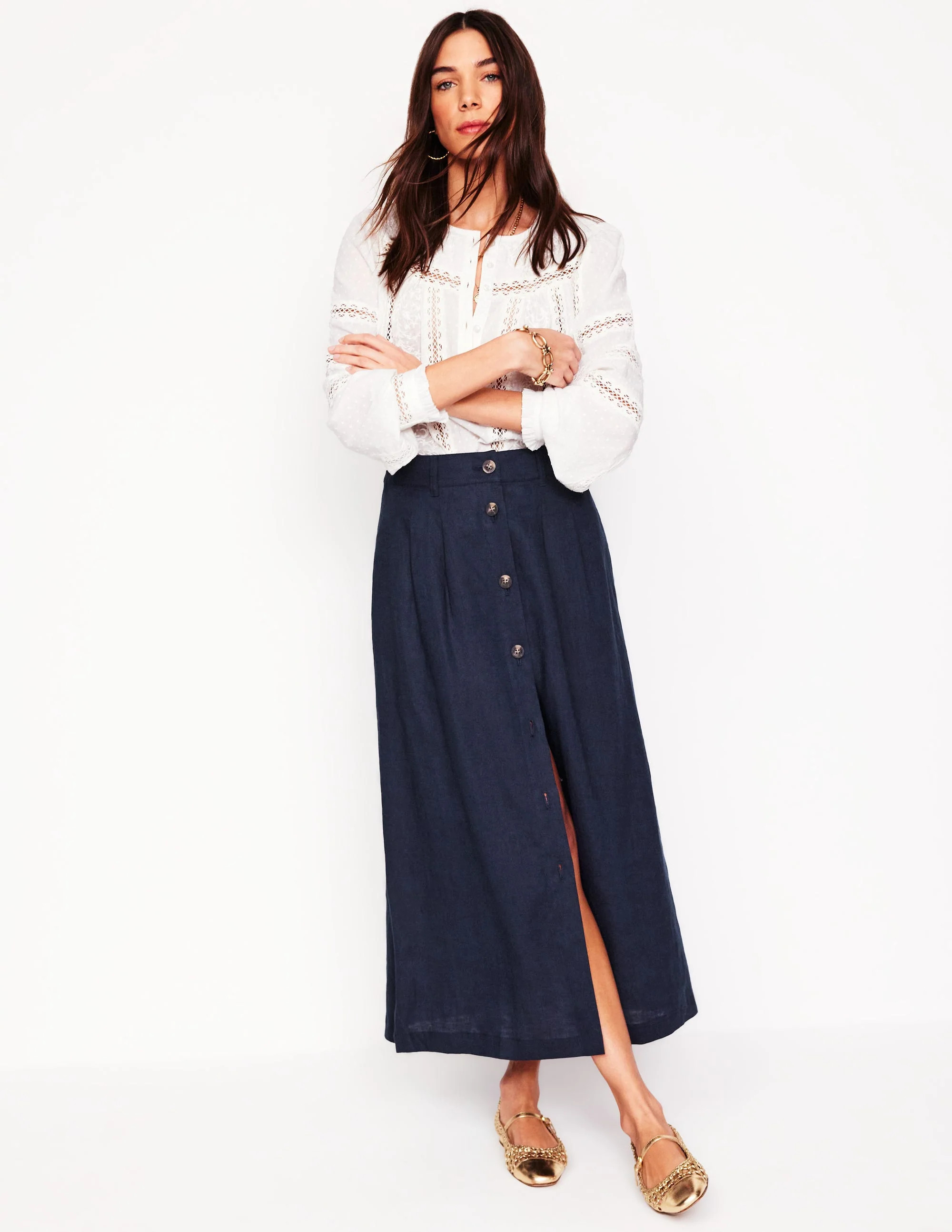 Thomasina Linen Midi Skirt-Navy | Boden UK