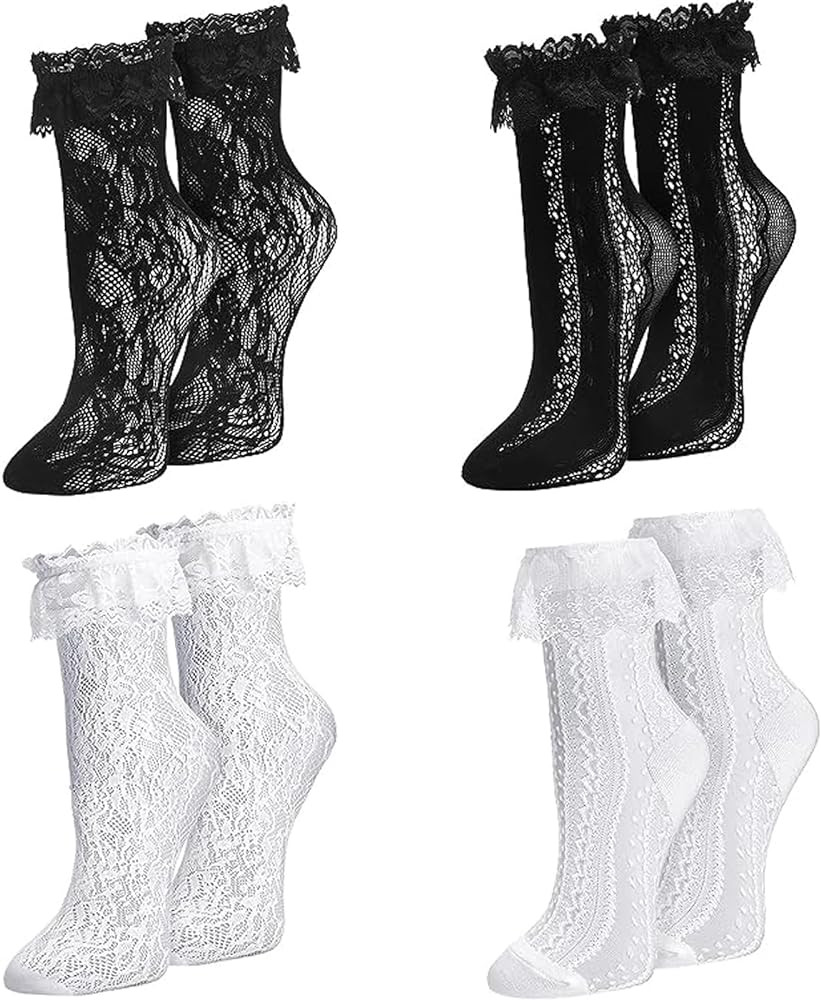 Womens Lace Ankle Socks Ruffle Frilly Dress Socks Sexy Mesh Lace Trim Lolita Sock Lacy Ruffled Bo... | Amazon (US)