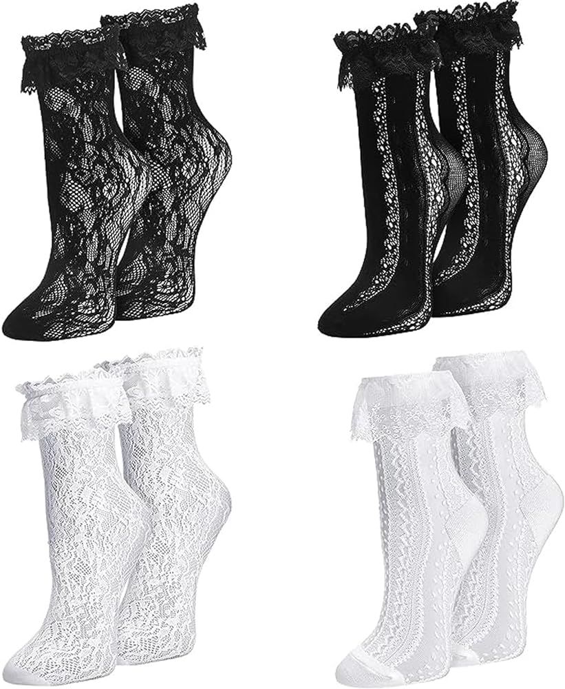 Womens Lace Ankle Socks Ruffle Frilly Socks,White Black Mesh Lace Trim Socks Lolita Socks,Ankle H... | Amazon (US)