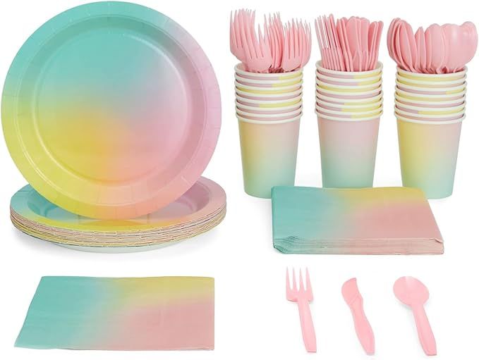 144 Piece Pastel Rainbow Birthday Party Supplies, Dinnerware with Paper Plates, Napkins, Cups, an... | Amazon (US)