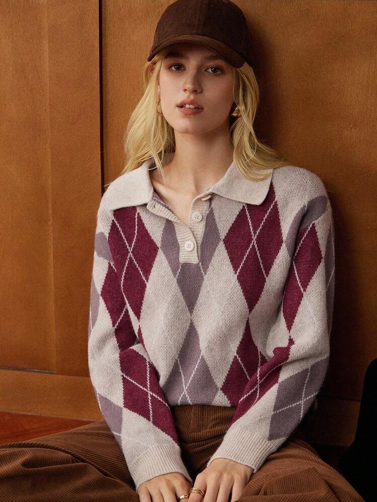 Écloséra French Vintage,Retro Loose Polo Collar Long Sleeve Knitted Colorblock Diamond Check Pattern Jacquard Half-Button Design Khaki,Beige,Burgendy,Women Pullover Sweater, Autumn/Winter,Work Wear, Office Wear, Teacher Outfits, Back To School, Fall , Business Casual, Old Money Style Autumn Dress Knitted Sweater, Christmas | SHEIN