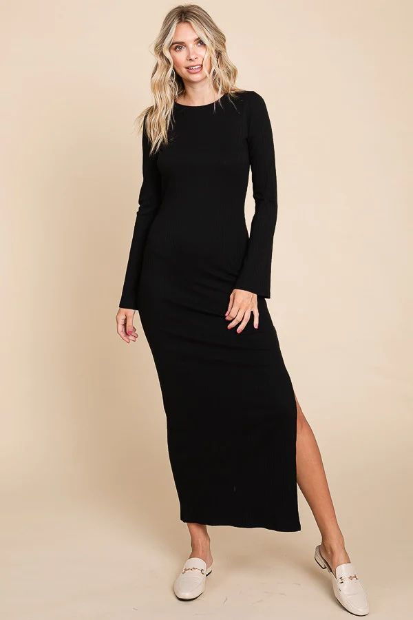 Black Ribbed Side Slit Maxi Dress | PinkBlush Maternity
