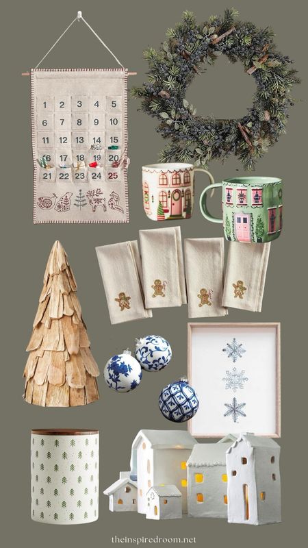 Christmas decor - Scandinavian cloth advent calendar, wreath, gingerbread napkins, holiday mugs, blue and white ornaments, snowflake art print, white village house, tree pattern canister with wood lid, wood tabletop tree decor

#LTKSeasonal #LTKHoliday #LTKhome