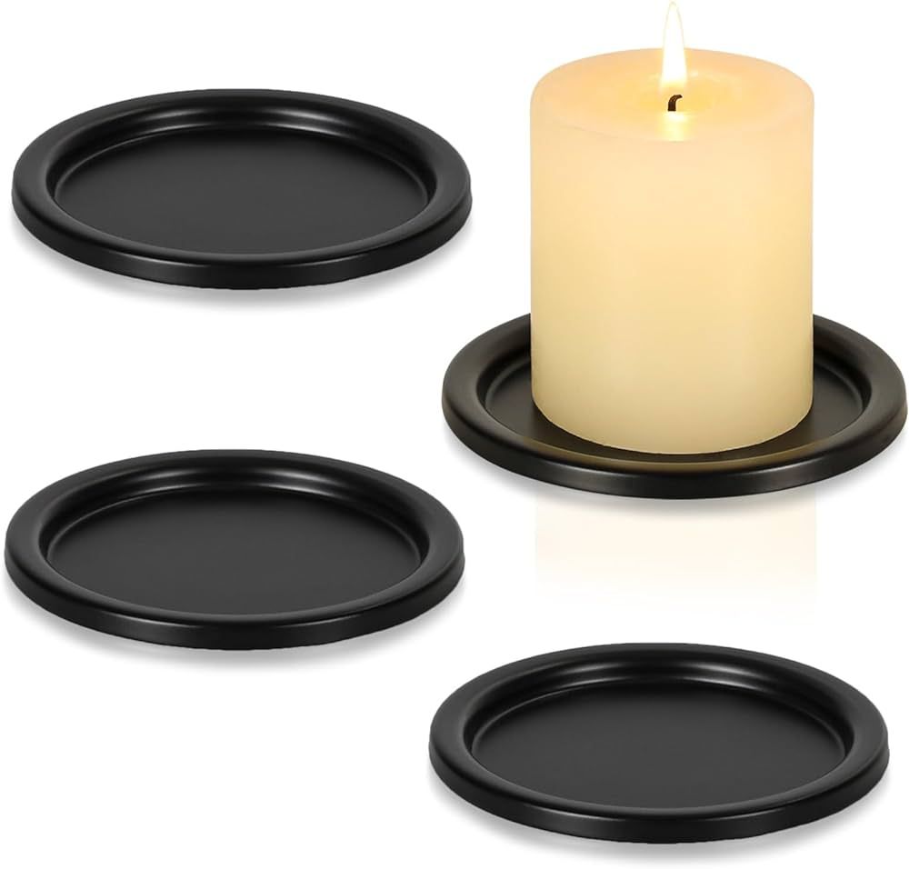 Black Iron Plate Candle Holder- Set of 4 |3.8" D x 0.2" H| Decorative Iron Pillar Candle Plate, E... | Amazon (US)