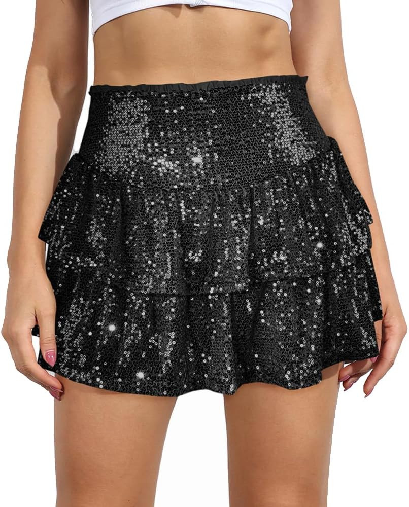 MiiVoo Women’s Sequin Ruffle Mini Skirt Sparkly High Waist Lined Layered Flared Pleated Shiny P... | Amazon (US)