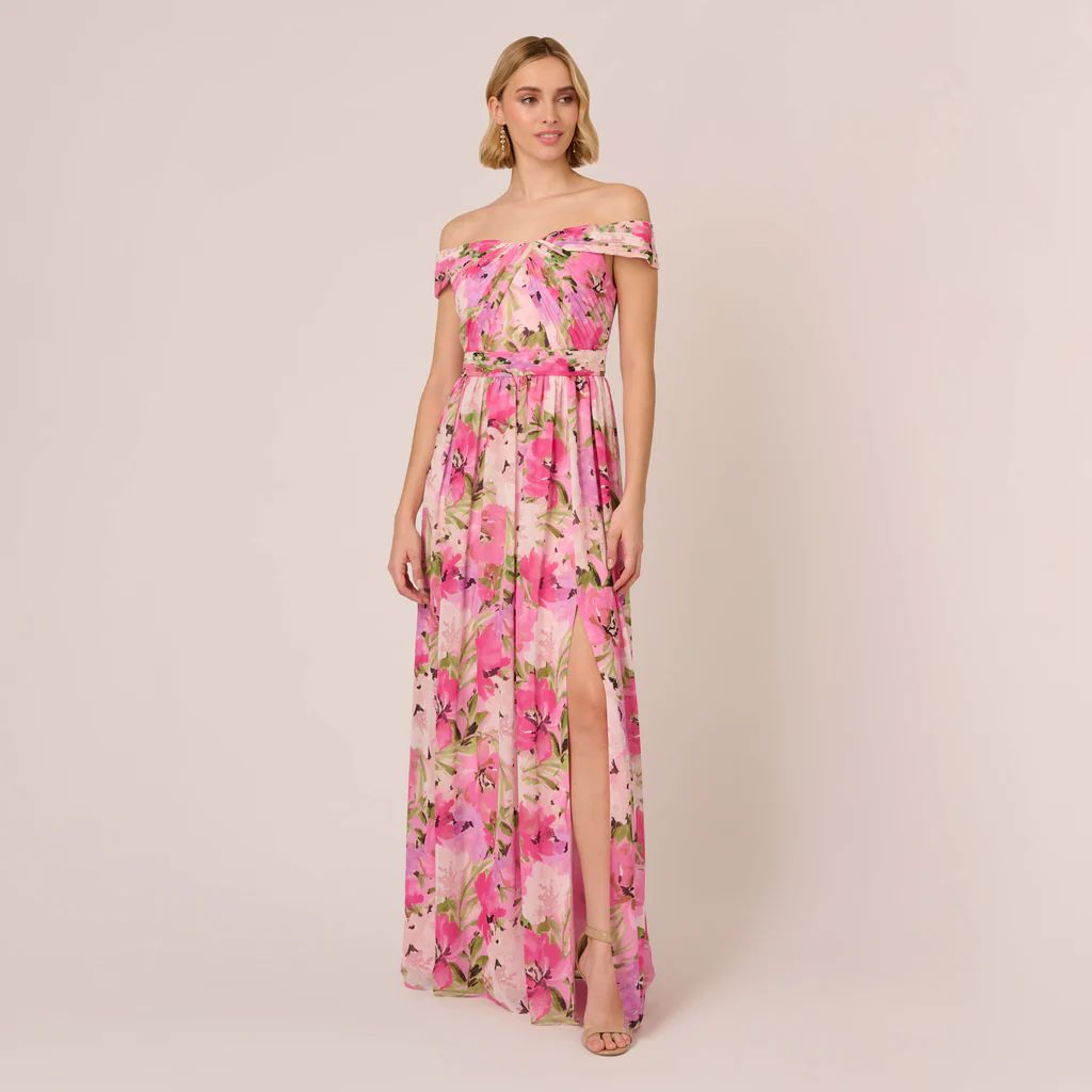 Painterly Floral Print Off The Shoulder Gown With Twisted Bust In Pink Multi | Adrianna Papell