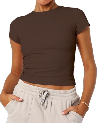Women's Basic Summer Short Sleeve Crewneck T-Shirts Y2K Cute Going Out Tops Baby Tee(Brown,Small) | Amazon (US)