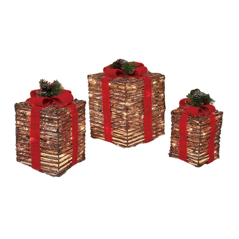 Holiday Time Set of 3 Light-Up Gift Boxes, Rattan-Look | Walmart (US)