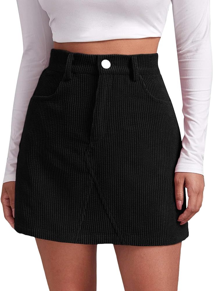 SheIn Women's Button Front High Waist Corduroy A Line Short Mini Skirt with Pockets | Amazon (US)
