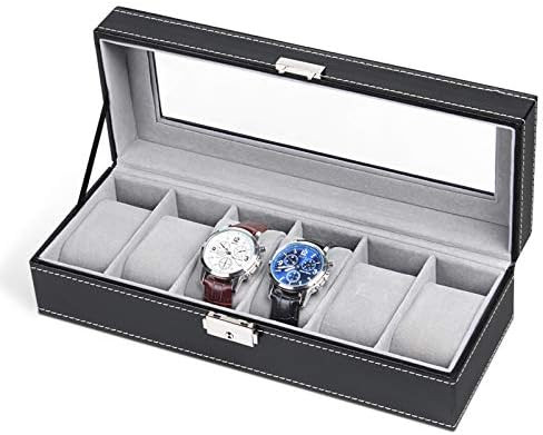 6 Slot Leather Watch Box Display Case Organizer Glass Jewelry Storage Black | Amazon (US)