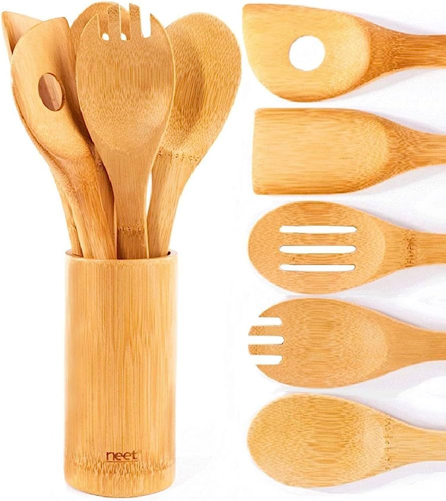Wooden Spoons For Cooking 6 Piece Organic Bamboo Utensil Set With Holder Wood Kitchen Utensils Sp... | Amazon (US)