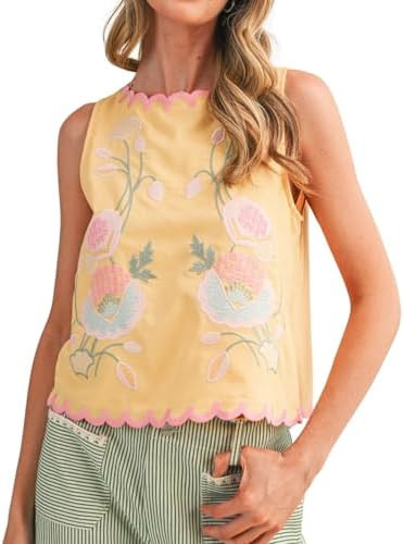 Women Sleeveless Floral Embroidered Top Scallop Hem Lightweight Casual Summer Tops for Daily Vaca... | Amazon (US)