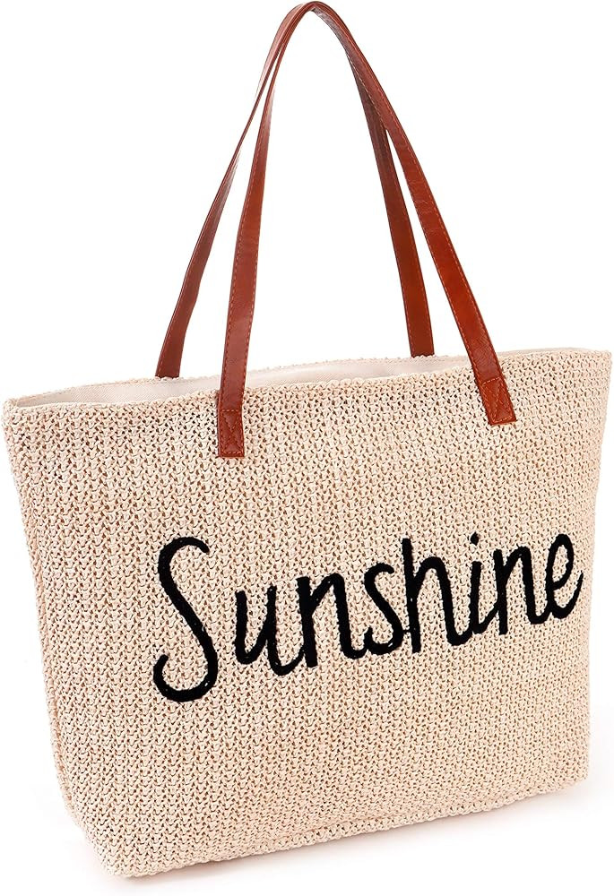 Large Stripe and Stitchwork Straw Tote Beach Bag with Zipper | Amazon (US)