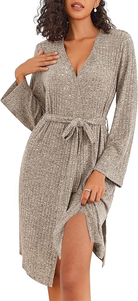 Ekouaer Robe for Women Ribbed Knit Kimono Robes Soft Side Slit Bathrobe Ladies Sleepwear with Poc... | Amazon (US)