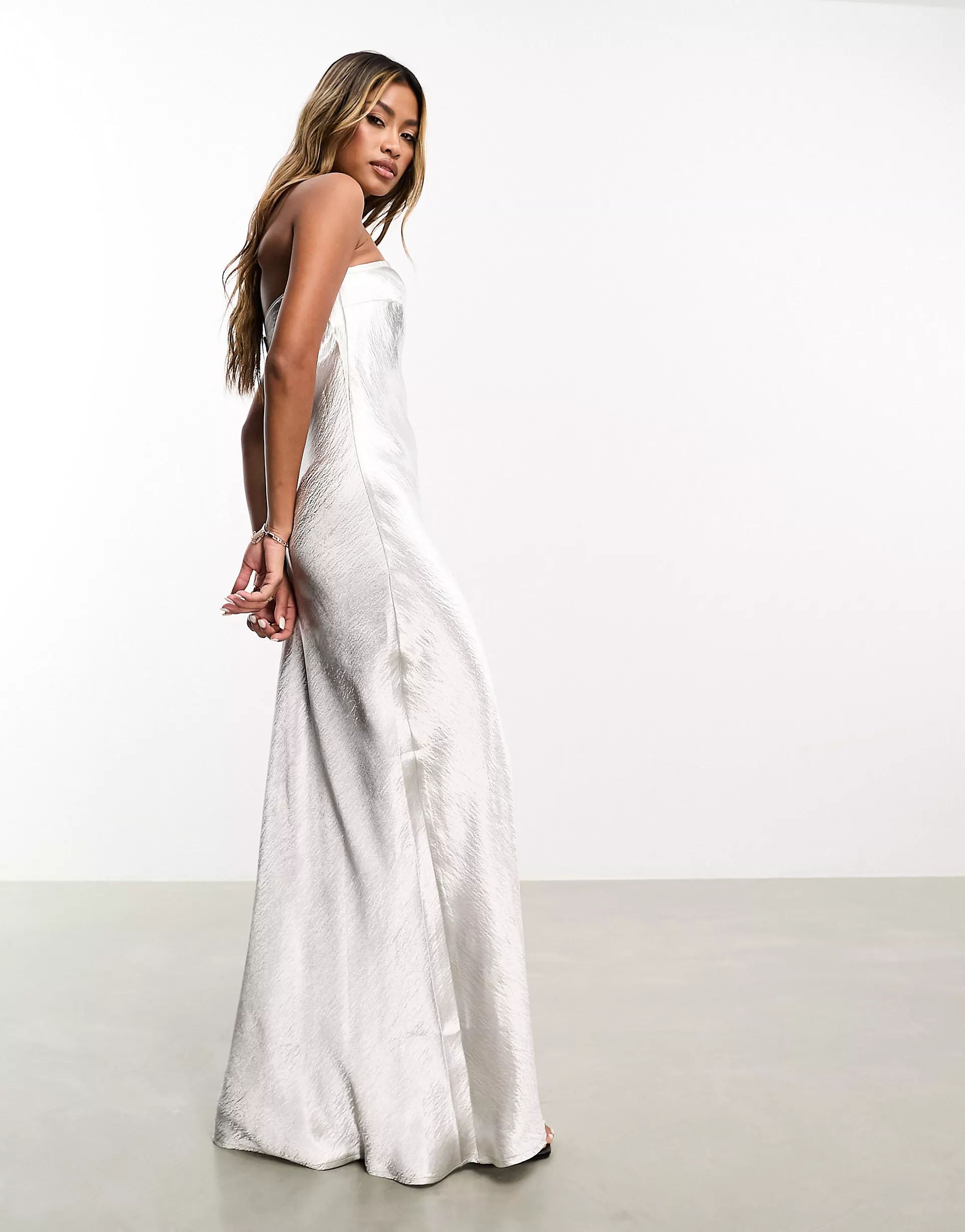 Aria Cove hammered satin bandeau open back maxi dress in silver | ASOS (Global)