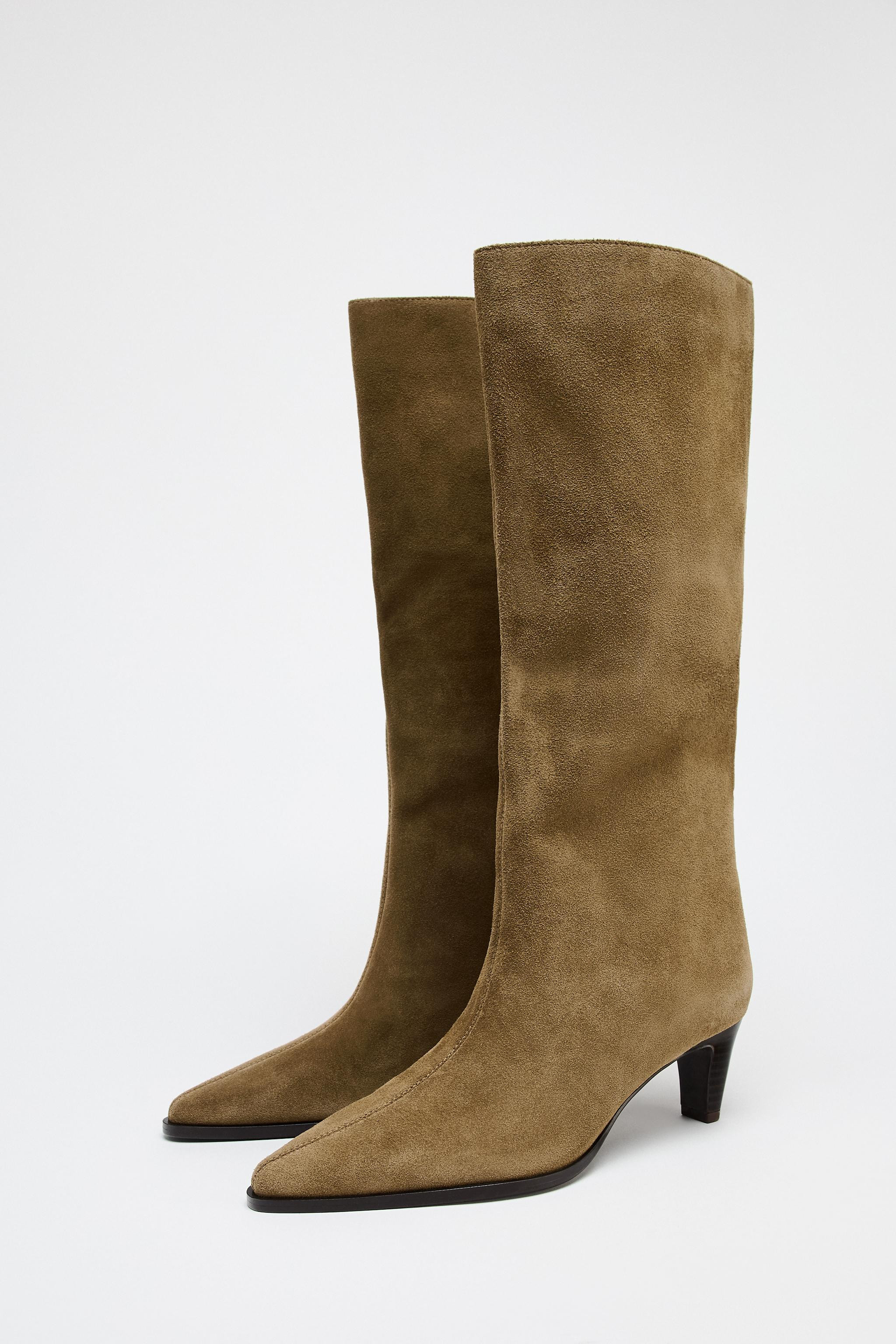 SPLIT LEATHER KITTEN HEEL KNEE HIGH BOOTS | Zara US