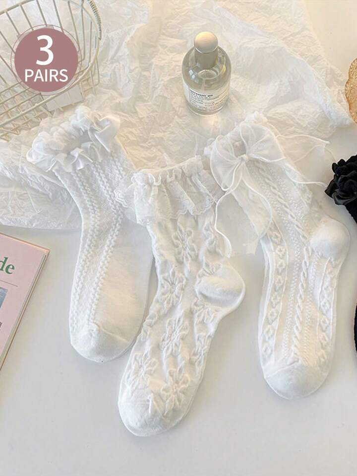 3pairs Butterfly Knot & Lace Trimmed Mid Calf Thin Socks, Simple Design, Summer, White, For Girls | SHEIN