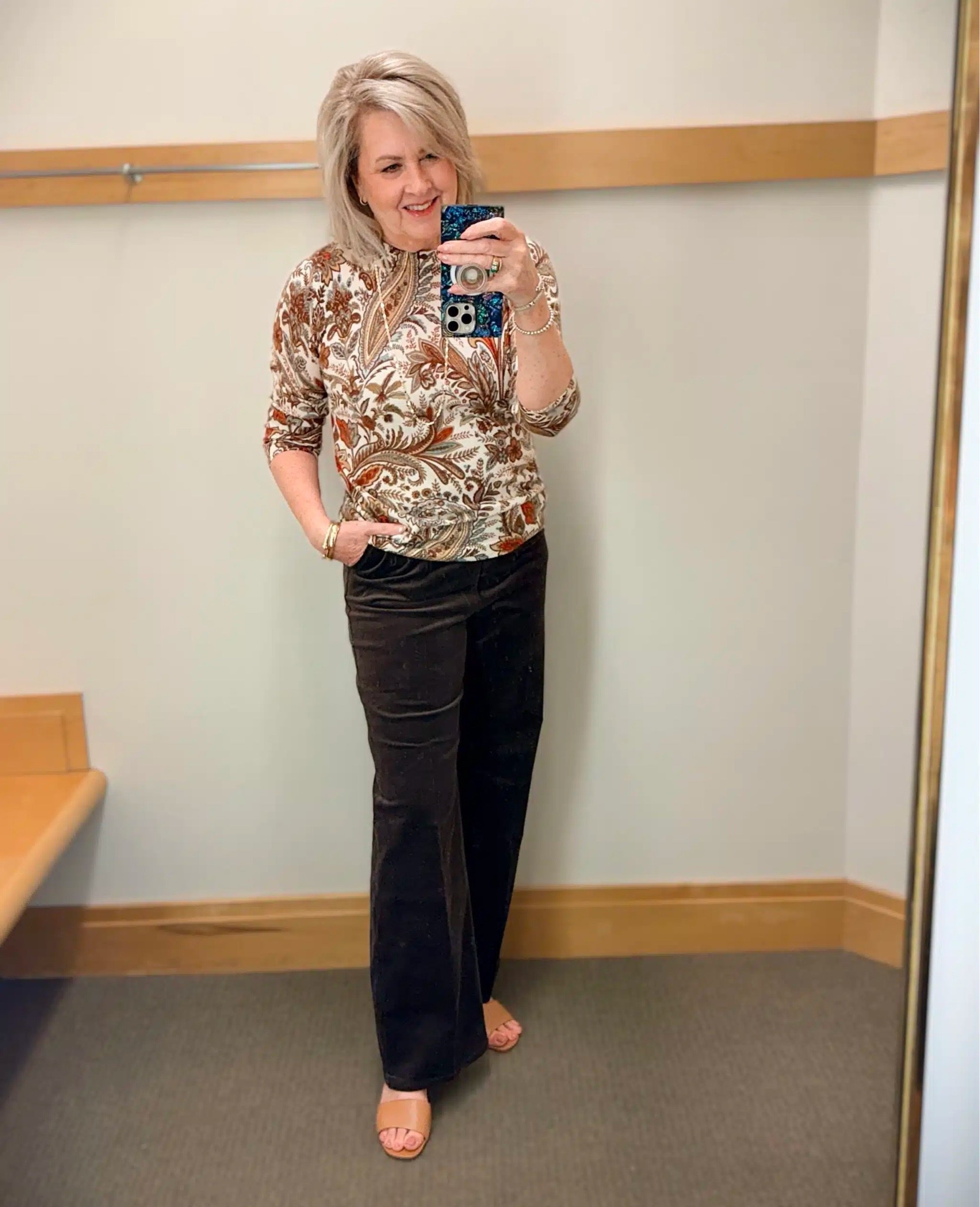 I’m styling the same chocolate brown corduroy pants with a different top. This paisley cashmere sweater has gorgeous fall colors in the print, but is still a good neutral. I’m wearing a medium in this top and size 8 bottoms.

#LTKWorkwear #LTKOver40 #LTKootd