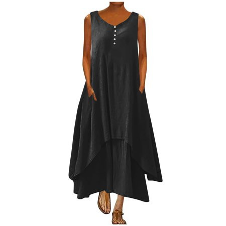 Cotton Linen V-Neck Tank Dress for Women Solid Color Sleeveless Baggy Long Dress Button Double-layer Maxi Dress with Pockets | Walmart (US)