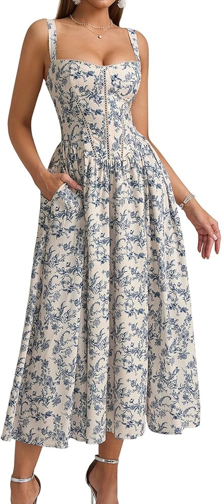 KUTUMAI Floral Corset Midi Dress Flowy Slit Summer Spring Wedding Guest Dresses for Women Sundres... | Amazon (US)