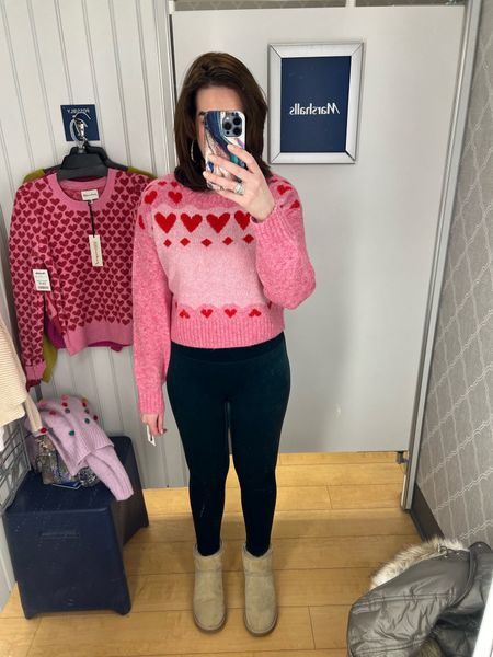 Marshalls Haul - Pink and Red Heart sweater (size small). Velvet green leggings (size small). Uggs classic mini II in sand (size 9). Winter Outfit Boots #valentinesday #galentinesday #heartsweater #sweater #leggings #velvetleggings #uggs #boots 

#LTKfindsunder100 #LTKSeasonal #LTKstyletip
