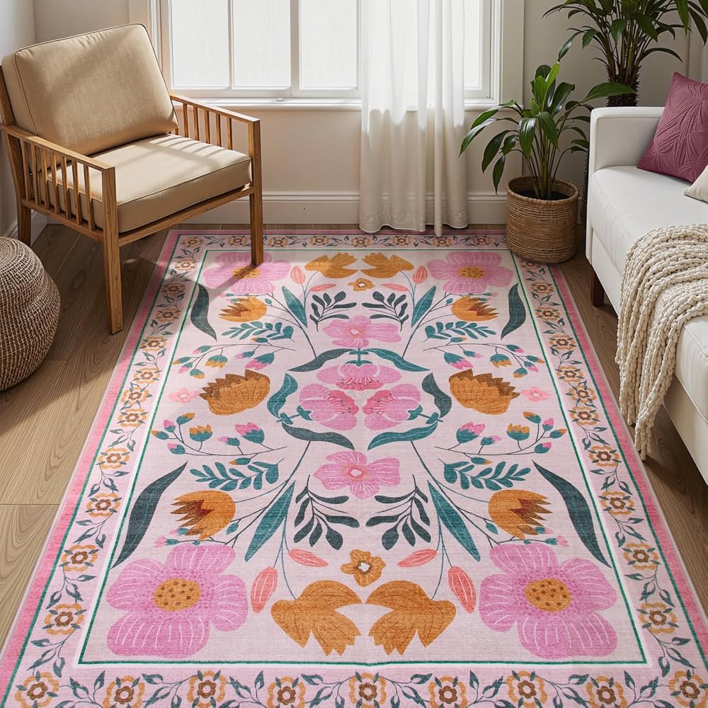 Pink Rug Washable Area Rugs 8x10 - Floral Non-Slip Living Room Carpet Ultra-Thin Soft 8x10 Rugs f... | Amazon (US)