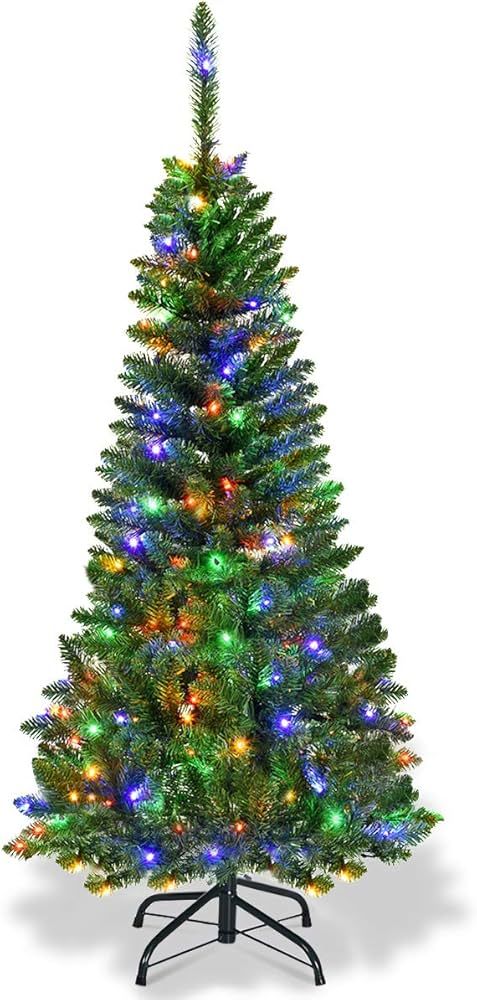 Amazon.com: GOFLAME Pre-Lit Artificial Pencil Christmas Tree, Colorful Lights Spruce Hinged Tree ... | Amazon (US)