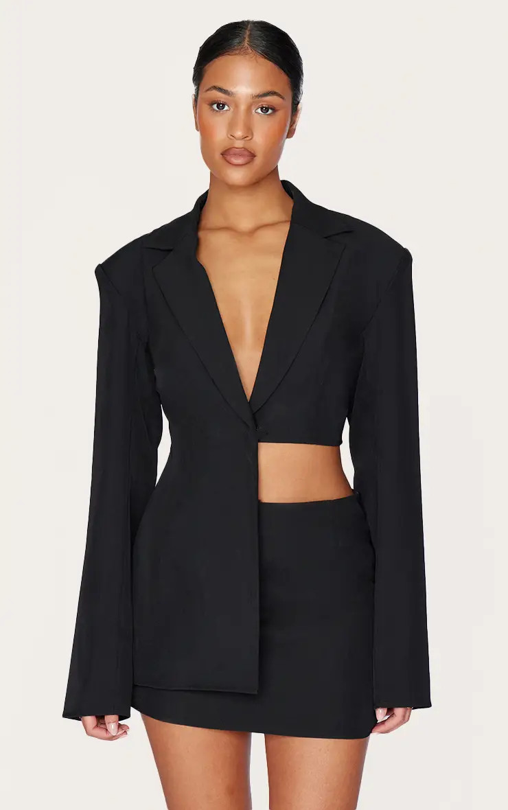 Tall Black Asymmetric Half Crop Blazer | PrettyLittleThing US
