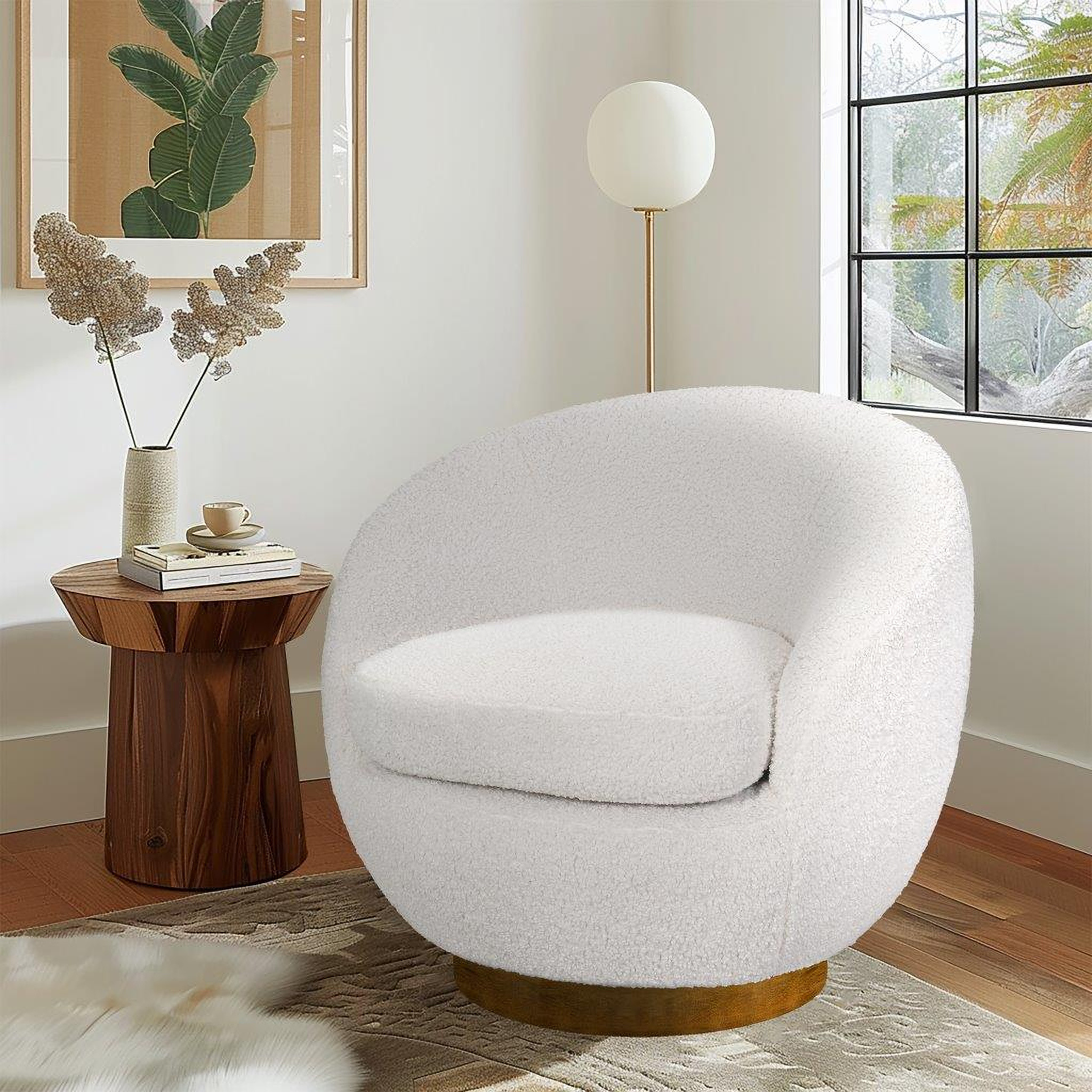 Jessel Shearling Sherpa Swivel Chair with Wood Base In Cream | 1stopbedrooms